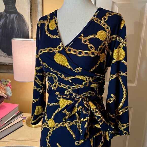 NWT Mother Bee Maternity Navy Blue Gold Chain Jersey Long Maxi Dress Size XL - Picture 2 of 2